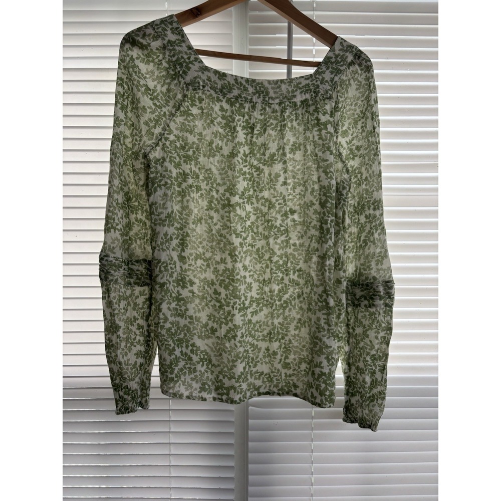 Lauren Conrad Women's L Square Neck Pintuck Peasant Blouse Green Floral Sheer - Picture 8 of 10